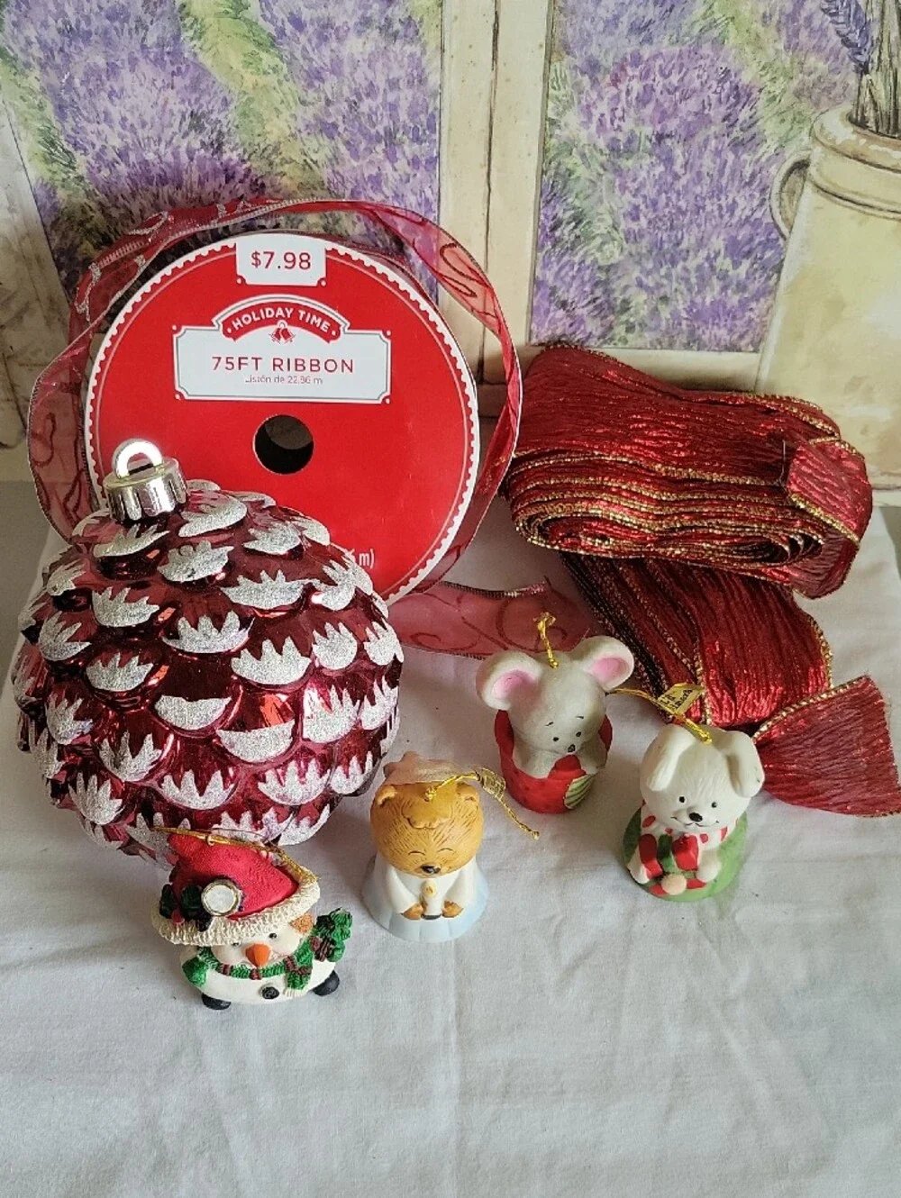 Vintage Holiday Decor Bundle Christmas Ribbon Ornaments Little Chimers Porcelain